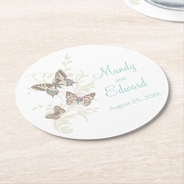 Wedding inked art butterflies teal paper coasters (Angled)