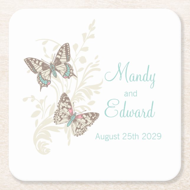 Wedding inked art butterflies teal paper coasters (Front)