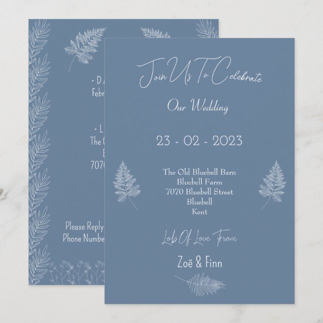 Wedding Invitation (12,7x17,8cm) - Blue And White (Front/Back)