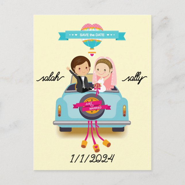 wedding invitation a caricature couple portrait  postcard (Front)