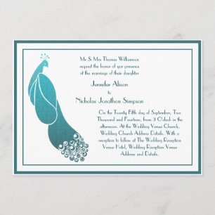 Wedding Invitation Art Deco Peacock in Teal Green