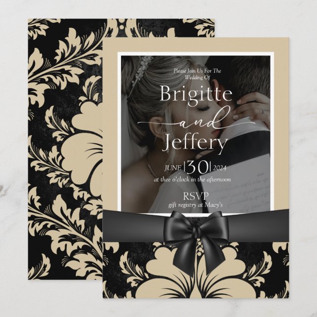 Wedding invitation beige & black traditional photo (Front/Back)