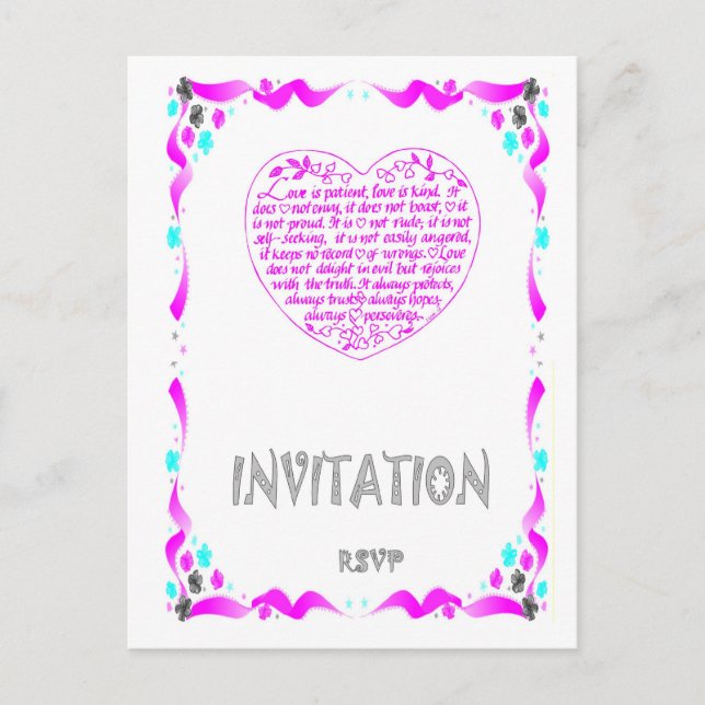 Wedding Invitation - Bible verse, pink heart Postcard (Front)