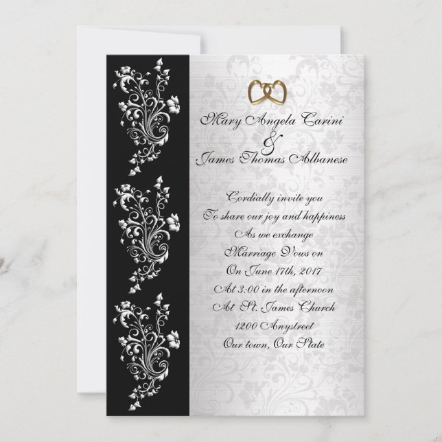 Wedding invitation black and white classic damask (Front)