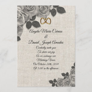Wedding Invitation black and white roses on linen
