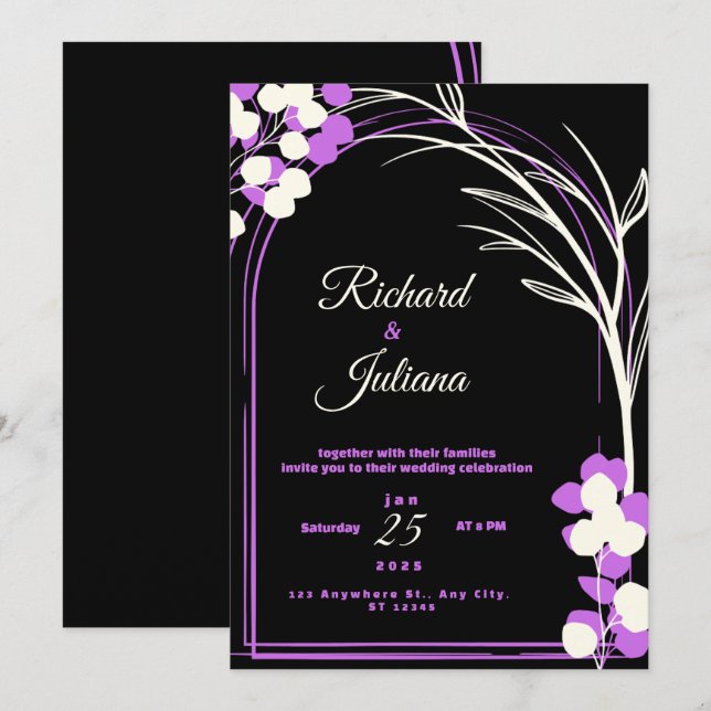 wedding invitation black background purple flowers (Front/Back)