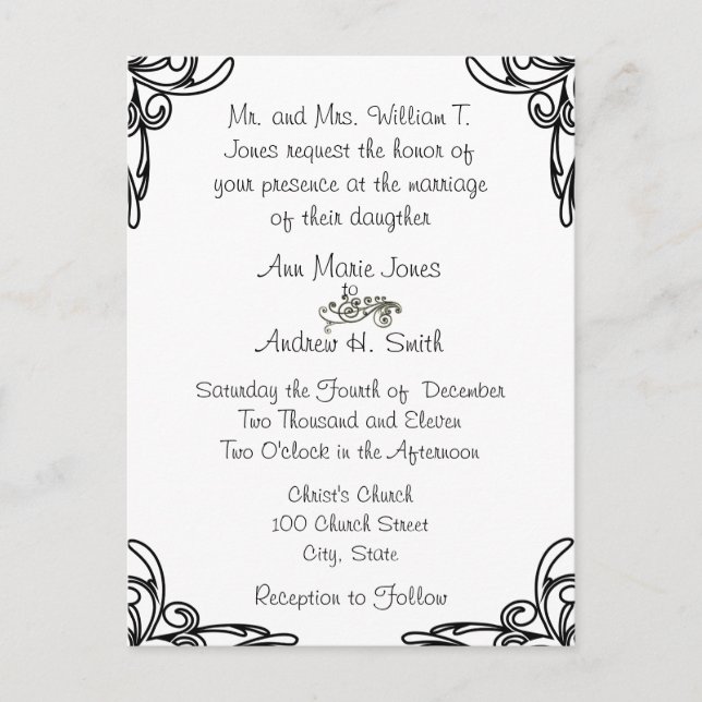 Wedding Invitation Black Corners Swirls on White (Front)