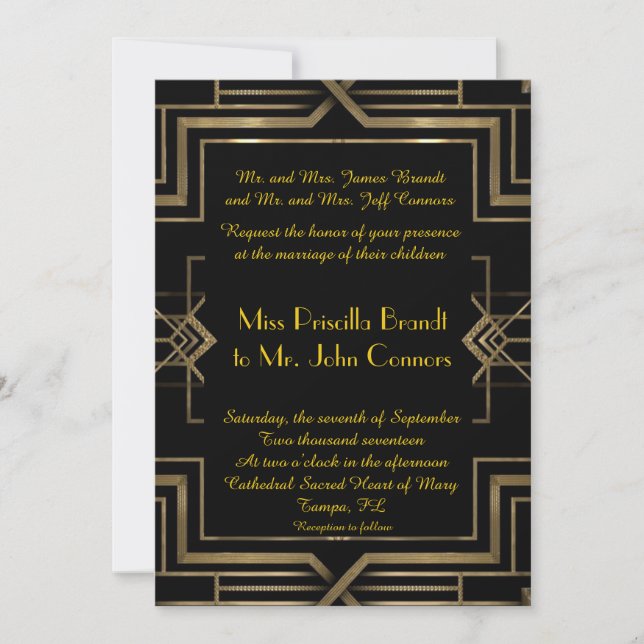 Wedding invitation black&gold,great-Gatsby,script (Front)