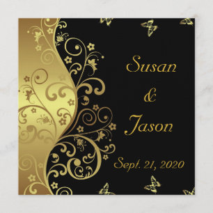 Wedding Invitation--Black & Gold Swirls Invitation