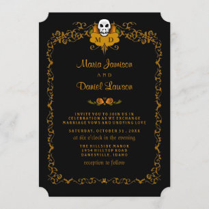 Wedding Invitation - Black & Orange Skull Design