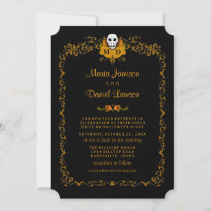 Wedding Invitation - Black & Orange Skull Design