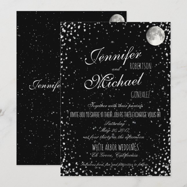 Wedding Invitation | Black Starry Night Moon (Front/Back)
