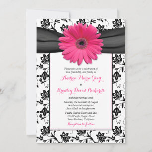 Wedding Invitation Black White Damask Pink Daisy