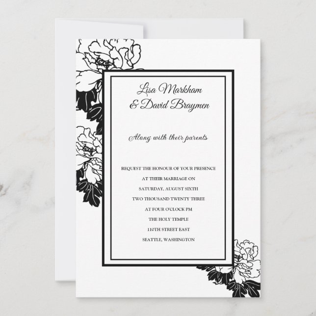 Wedding Invitation-Black & White Floral Invitation (Front)