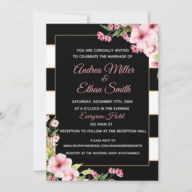 Wedding Invitation Black White Gold Floral Pink (Front)