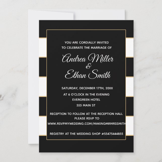 Wedding Invitation Black White Gold Striped (Front)