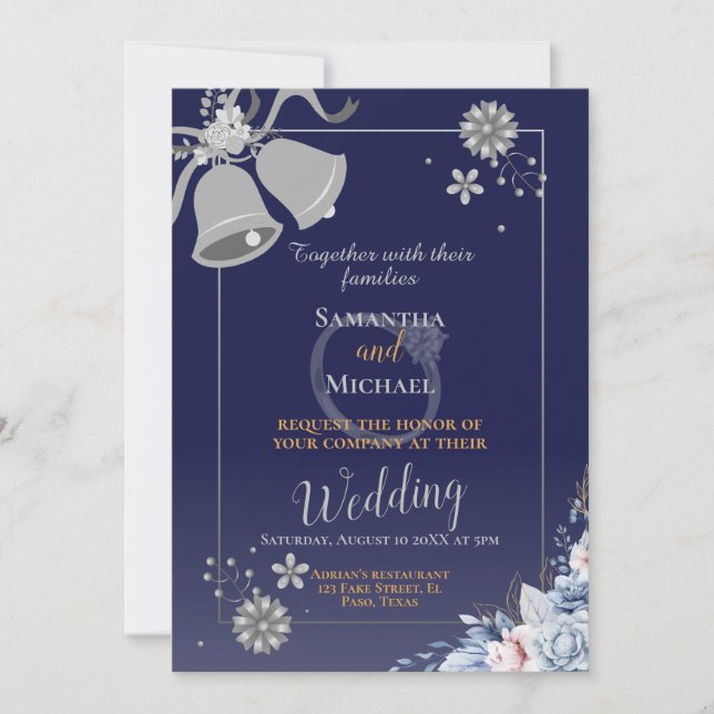 Wedding invitation: blue and silver bell, rsvp, QR Invitation (Front)