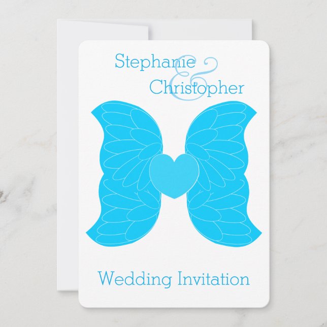 Wedding Invitation Blue Angel Wings Heart Design (Front)