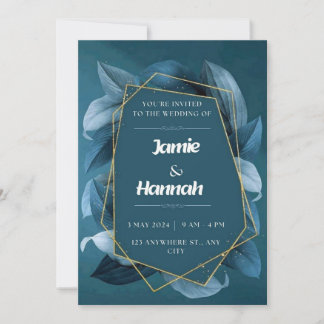 Wedding invitation blue floral leaves  