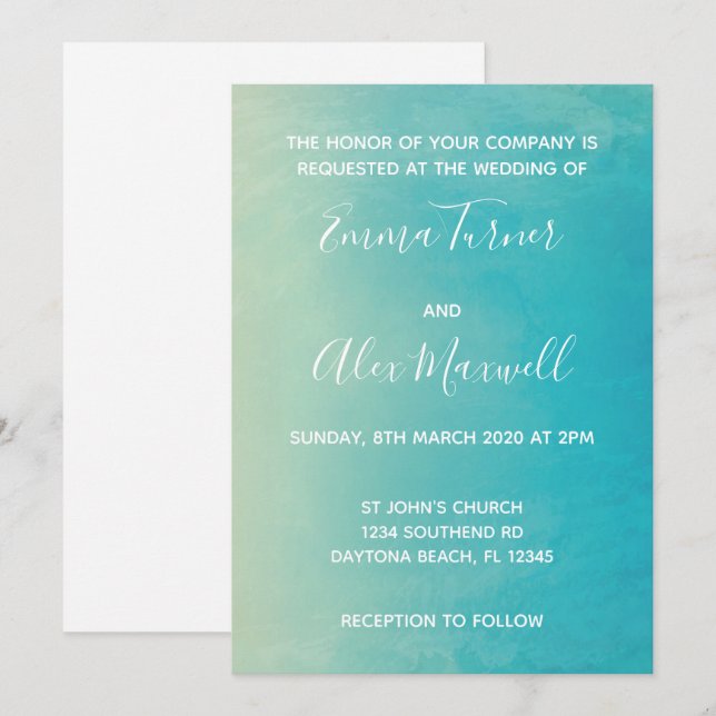 Wedding Invitation | Blue Watercolour Script (Front/Back)