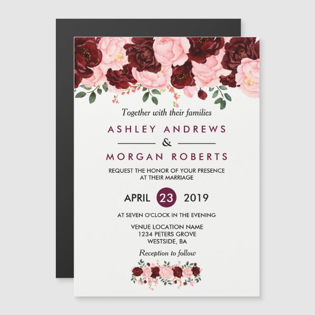 Wedding Invitation: Blush Pink Burgundy Floral Magnetic Invitation (Front/Back)