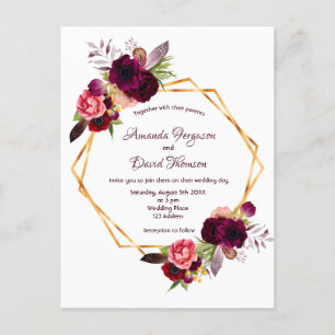 Wedding invitation burgundy florals geometric boho postcard