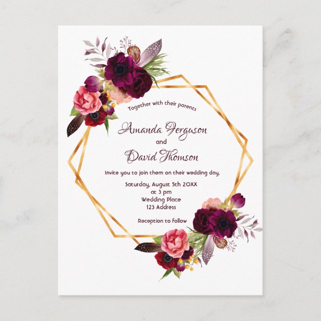 Wedding invitation burgundy florals geometric boho postcard (Front)
