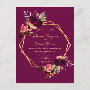 Wedding invitation burgundy florals geometric postcard
