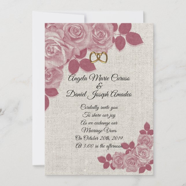 Wedding Invitation Burgundy roses on linen (Front)