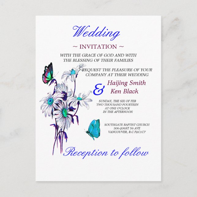 Wedding Invitation Butterflies And A Blue Daisies Postcard (Front)