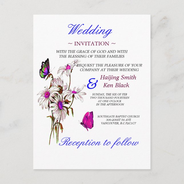 Wedding Invitation Butterflies with Pink Daisies (Front)
