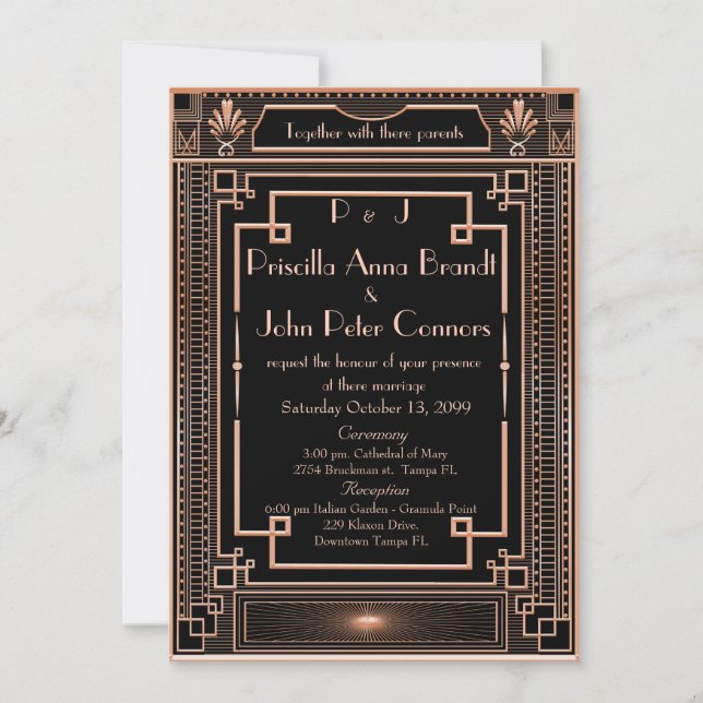 Wedding invitation card,Art Deco, black, pink gold (Front)