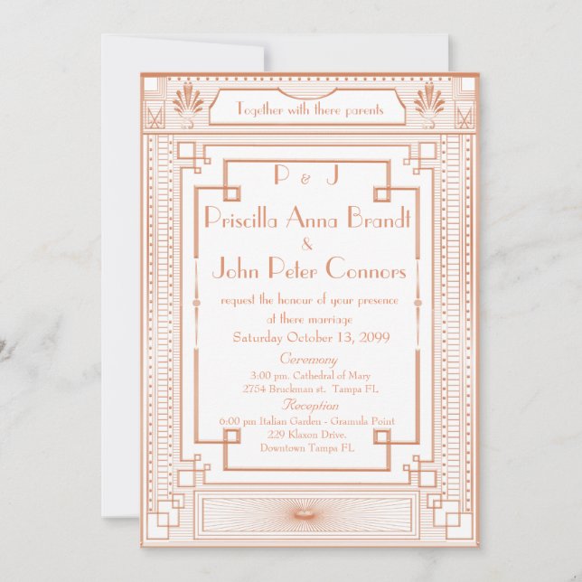 Wedding invitation card,Art Deco, white, pink gold (Front)