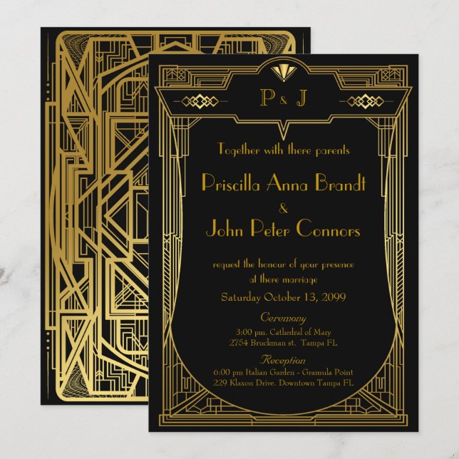 Wedding invitation card,Great Gatsby,gold black 2 (Front/Back)
