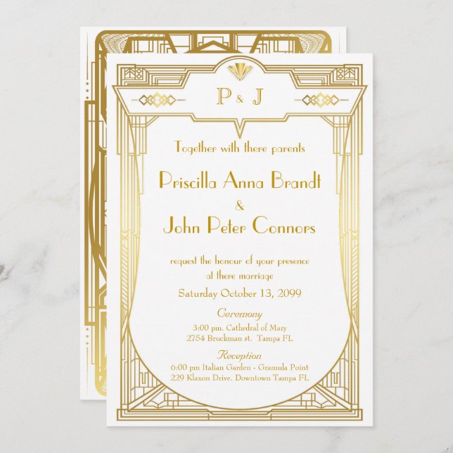 Wedding invitation card,Great Gatsby,gold white 2 (Front/Back)