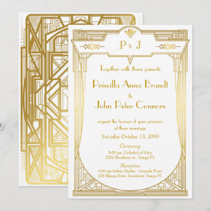 Wedding invitation card,Great Gatsby,gold white 2