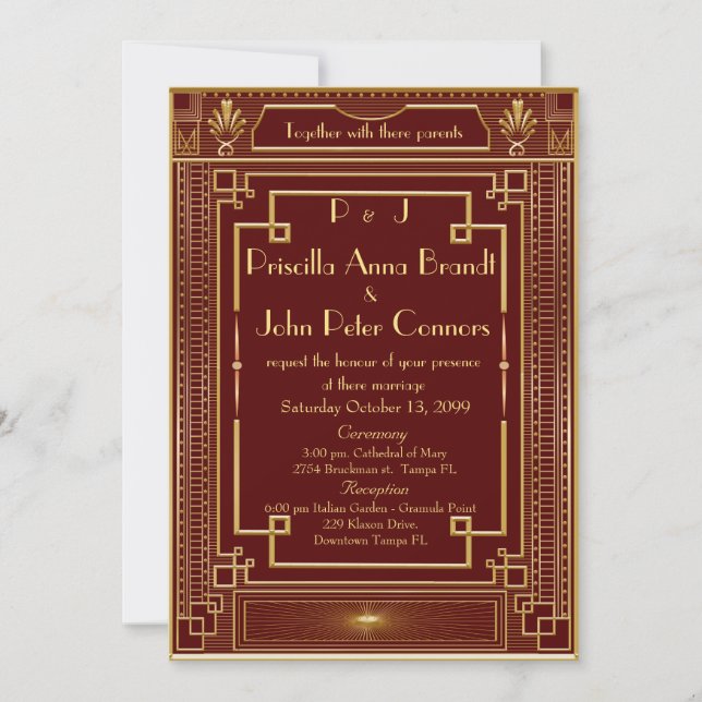 Wedding invitation card,Great Gatsby, RED, gold (Front)