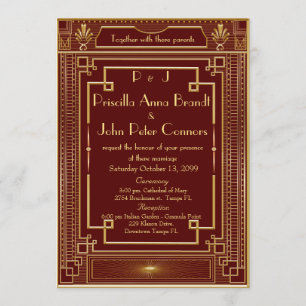 Wedding invitation card,Great Gatsby, RED, gold
