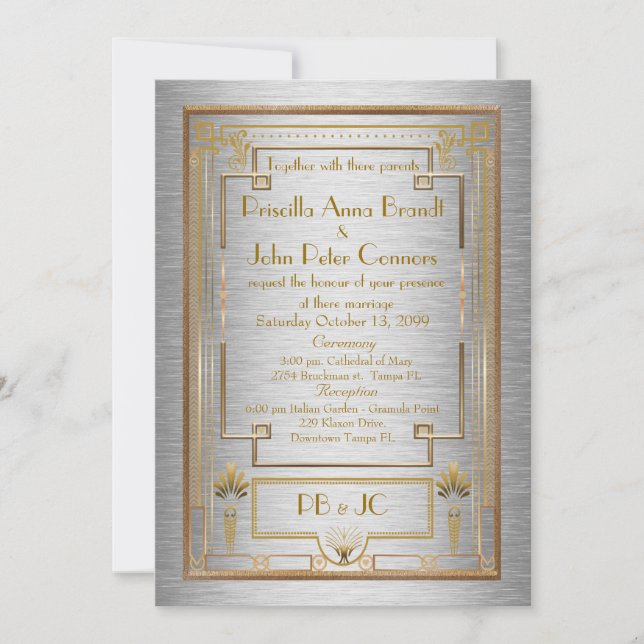 Wedding invitation card,Great Gatsby, silver metal (Front)