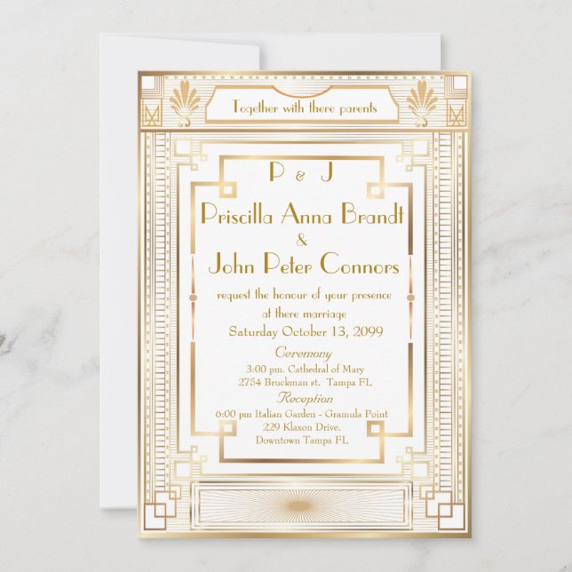 Wedding invitation card,Great Gatsby, white, gold (Front)