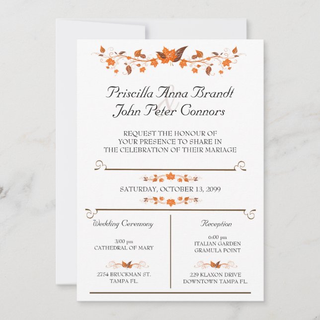 Wedding Invitation Ceremony, Fall Leaves Theme (Front)