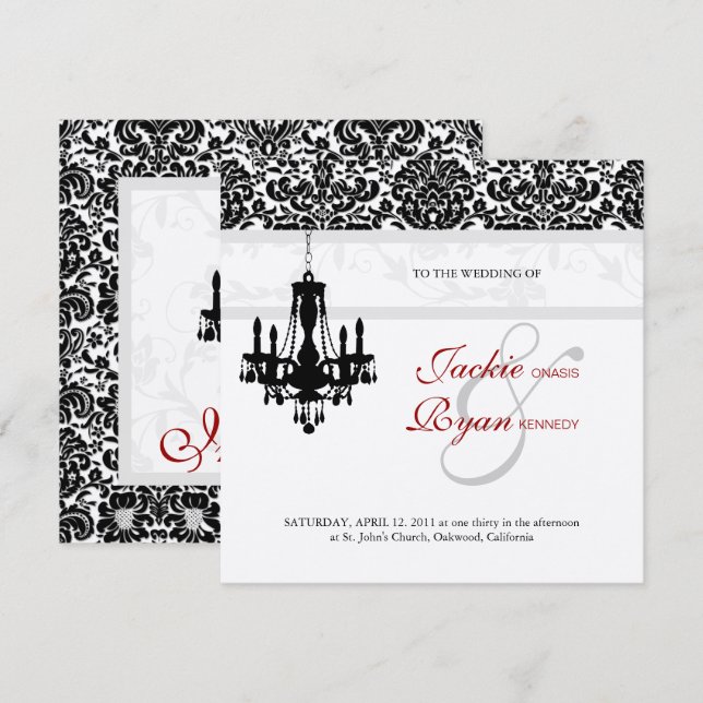 Wedding Invitation Chandelier Black Red Silver (Front/Back)