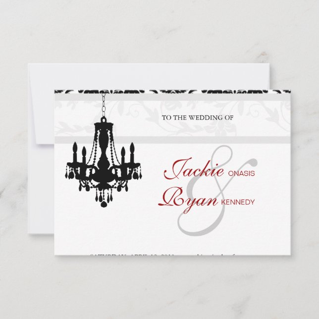 Wedding Invitation Chandelier Black White Damask (Front)