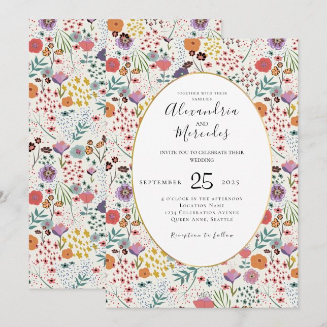 Wedding invitation colourful flowers Spring floral (Front/Back)