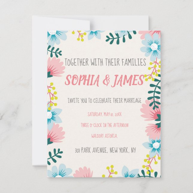 Wedding Invitation Customise Floral Flower Pink (Front)