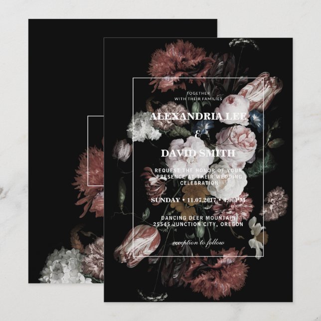 Wedding Invitation Dark Black Moody Floral (Front/Back)