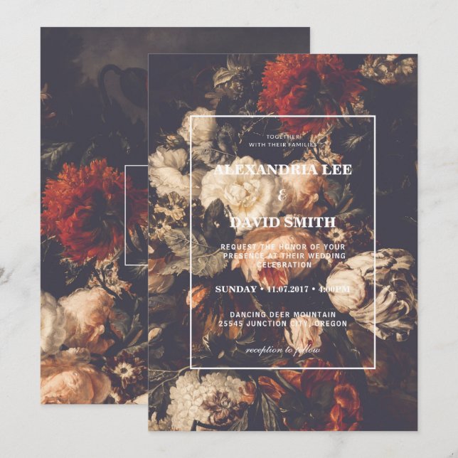 Wedding Invitation Dark Moody Autumn Fall Floral 2 (Front/Back)