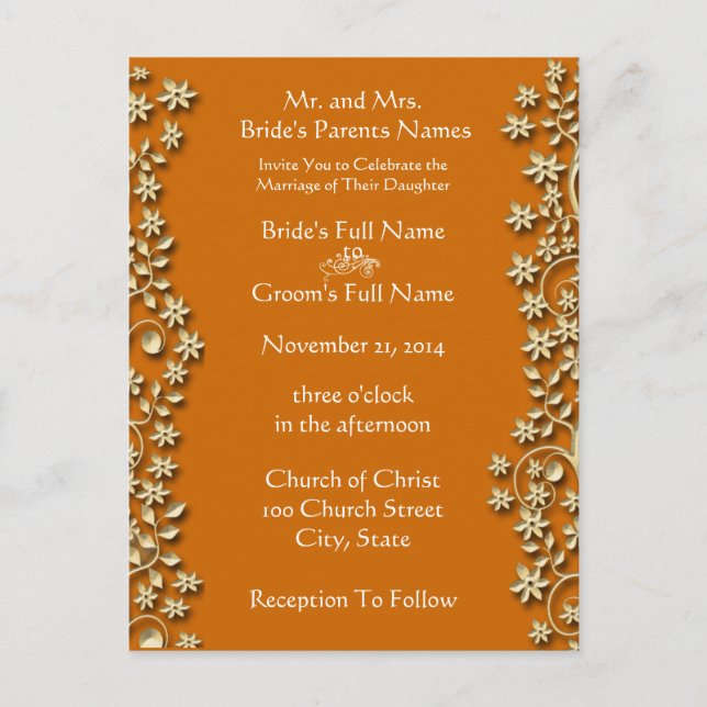 Wedding Invitation Deep Orange Swirls and Flowers (Front)