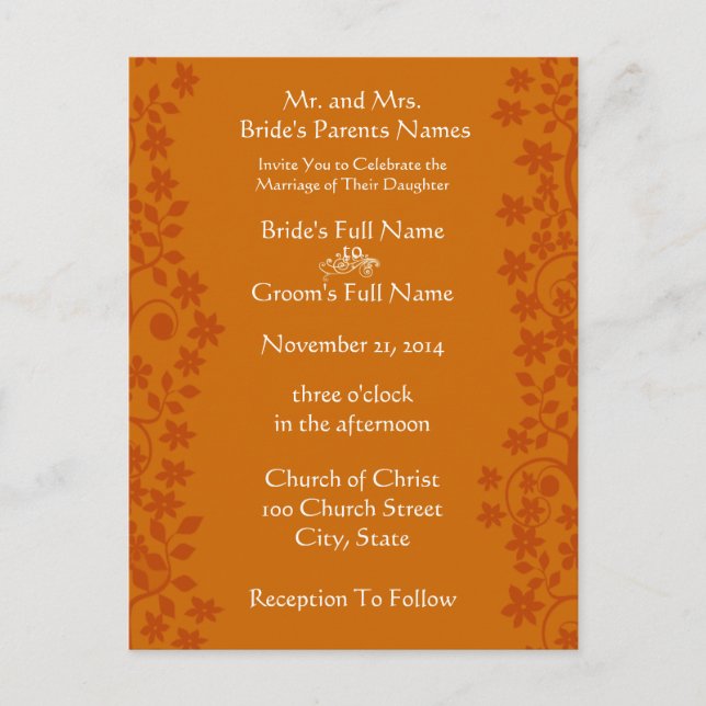 Wedding Invitation Deep Orange Swirls and Flowers Postcard (Front)
