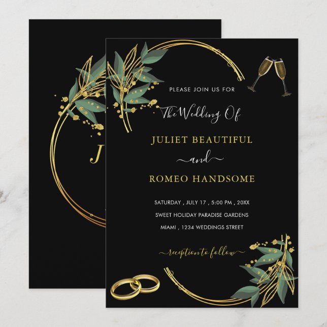 Wedding Invitation - Elegant Black Gold Design (Front/Back)